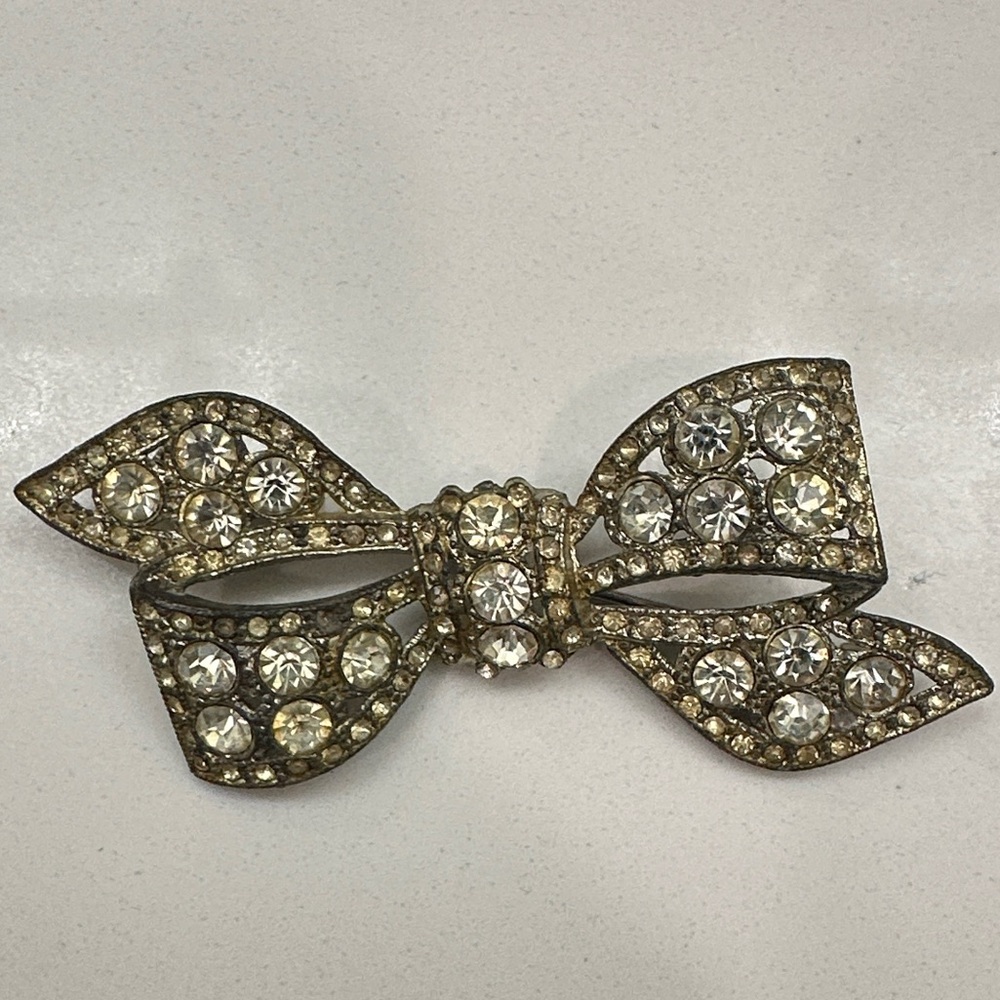 Vintage Rhinestone Bow Brooch - Clear Crystal